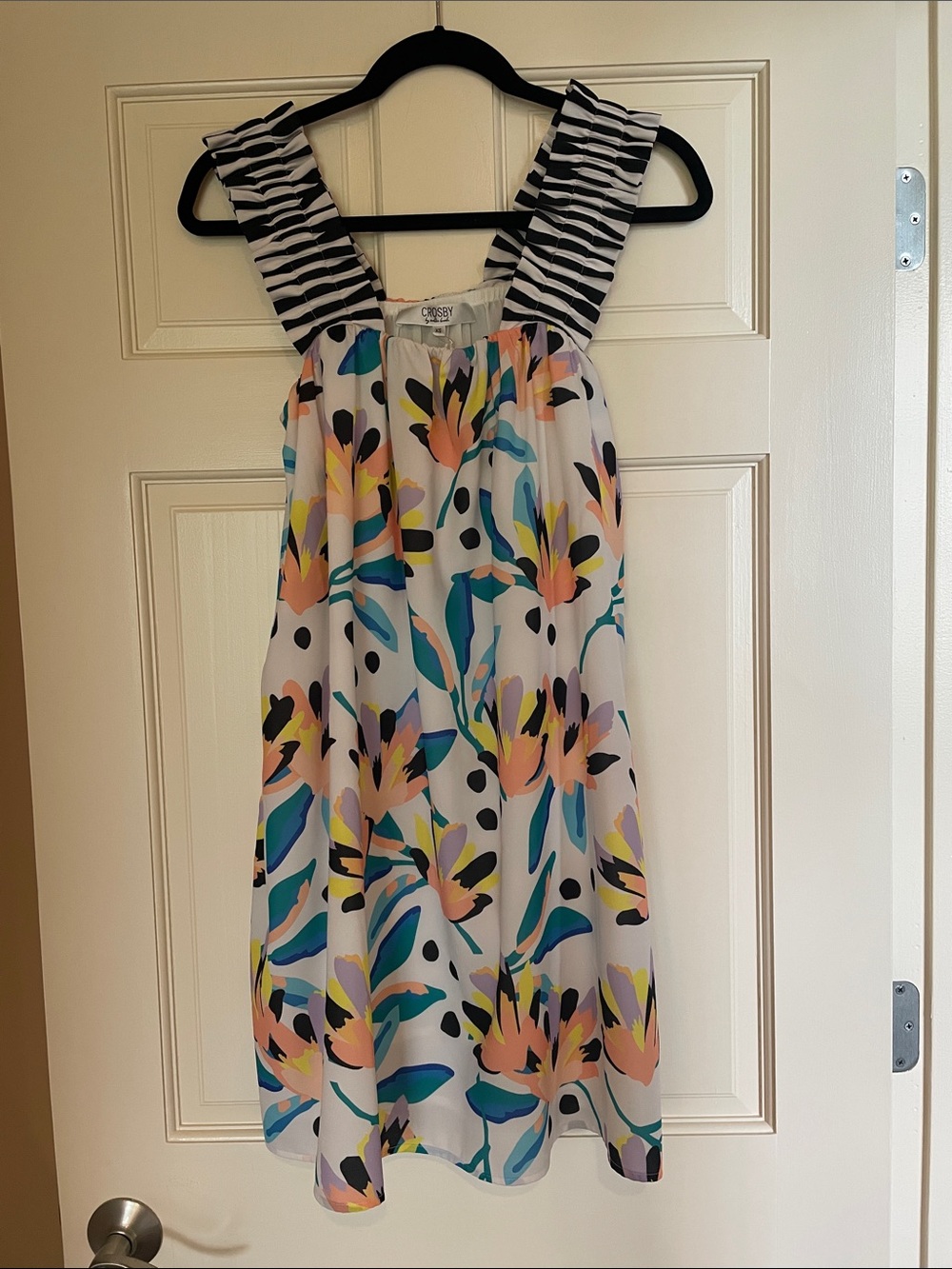 CROSBY by Mollie Burch White Floral Dress with Black Elastic Striped Straps